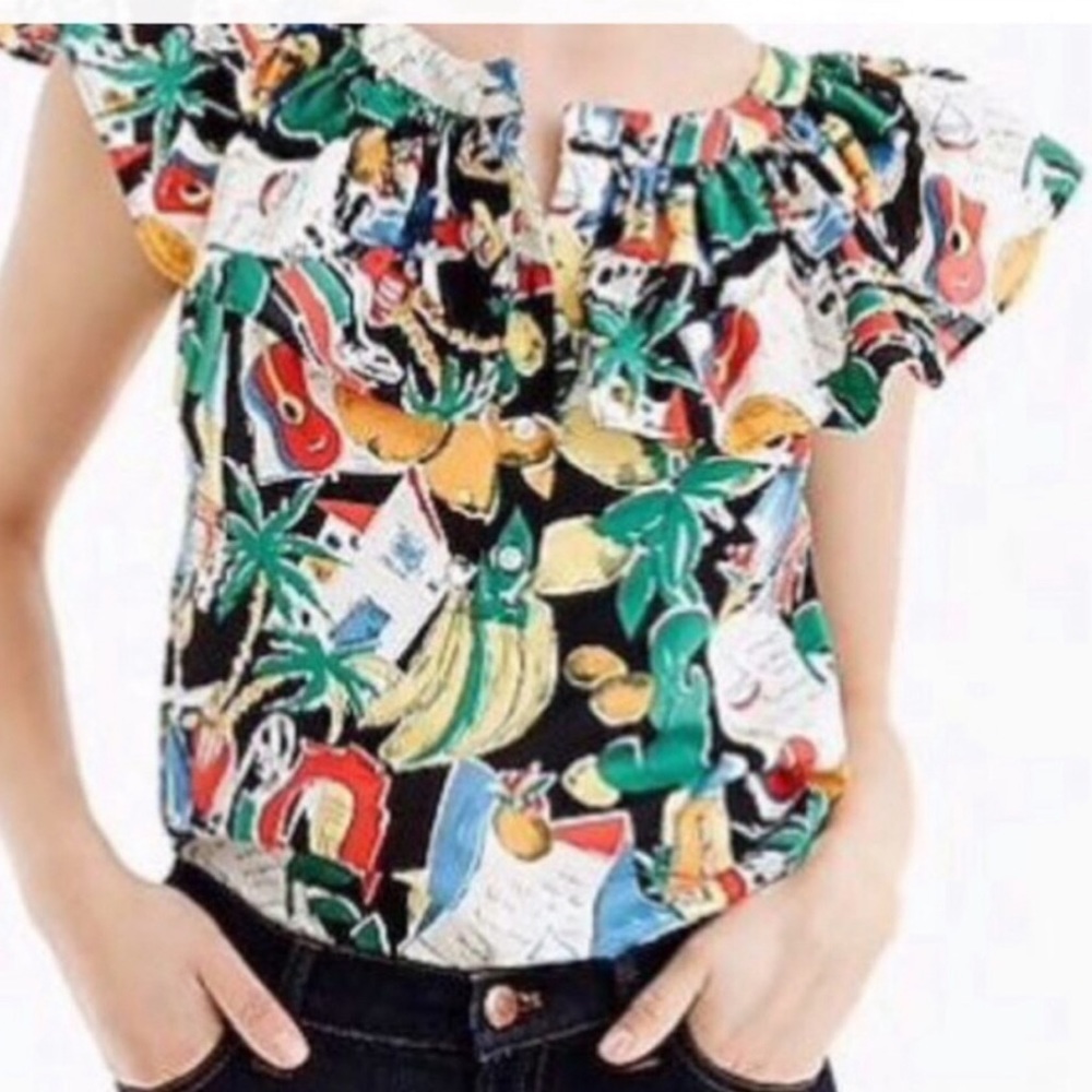 J Crew Postcard Print Top with Ruffle Sleeve Size 0 Perfect Condition!